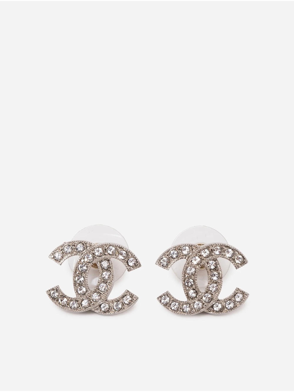 Pre-Owned Chanel 2022 Silver Toned Crystal CC Stud Earrings